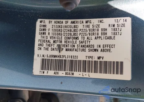 2015 Honda Cr-V Touring из США, поврежденный, VIN 5J6RM4H92FL019320